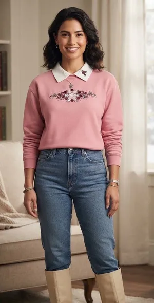 Hasting & Smith Vintage Embroidered Floral Collar Pullover Sweatshirt Cottage S thumbnail 1