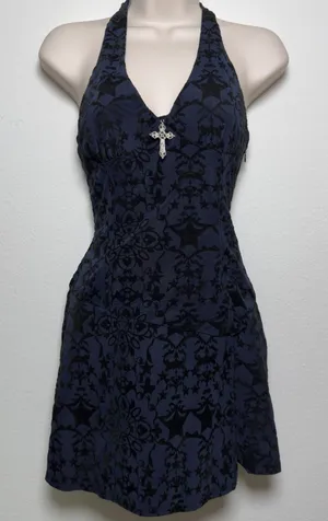White Fox Women Thou Shalt Not Mini Dress Small Midnight Blue Velvet Grunge thumbnail 1