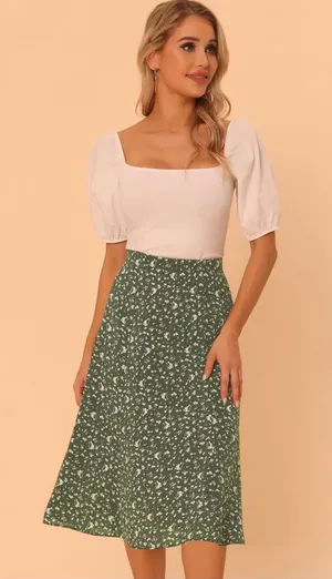 Allegra K Floral Midi Skirt thumbnail 1