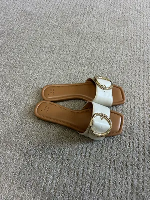 A New Day White Slide Sandals with Gold Buckle Women Size 9! thumbnail 2