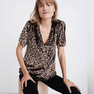 Madewell Velvet Split Sleeve Ruffle Hem‎ Floral Top Black Brown K2795 XS thumbnail 2