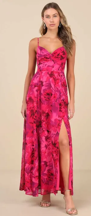 NWT Lulus Beautiful Soul Fuchsia Floral Twist-Front Maxi Dress Cruise Size S thumbnail 1