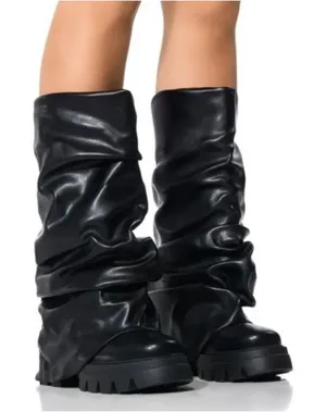 Azalea Wang Mate Boots Womens 11 Black Ruched Mid Calf Lug Sole Moto Y2K Gothic thumbnail 1