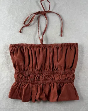 Faithfull The‎ Brand Womens Linen Smocked Halter Top Terracotta Rust Size Large thumbnail 1