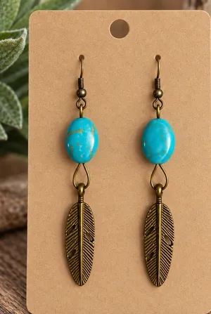 Handmade Turquoise Oval Bead Feather Earrings Western Boho thumbnail 1