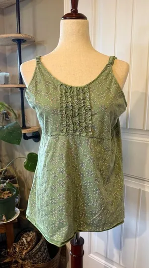 Womens Green Floral Ruffle Tank Top XL‎ thumbnail 1
