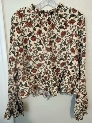 Cream Floral Ruffle Skirt Set with Brown and Green Print thumbnail 3