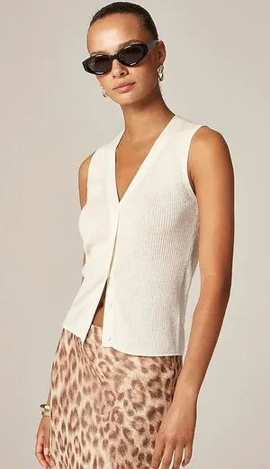 J. Crew NEW Cashmere silk blend‎ sweater shell Cream Ribbed Sleeveless Size L thumbnail 1