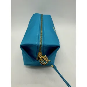 Tory Burch Cosmetic Bag Wristlet Women OS Blue Gold Logo Nylon Pouch thumbnail 2
