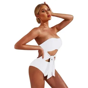 White Bridal Bandeau Strapless Wrap One Piece Swimsuit Medium thumbnail 2