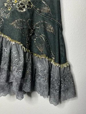 Y2K Vintage Asymmetrical Lace Hem Floral Beaded Fairy Grunge Denim Midi Skirt thumbnail 4