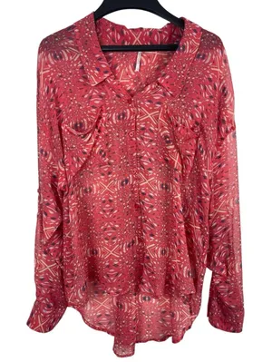 Free People Bright Red/Pink Boho Slouchy Sheer Hi Low Button Up Top S thumbnail 1