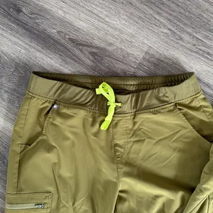 Figs Olive Green Scrub Set Large Top and Pants with Neon Drawstring Xflawedx thumbnail 3