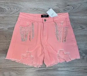 Blue B Pink Rhinestone Fringe Distressed Denim Shorts Size M NWT thumbnail 1