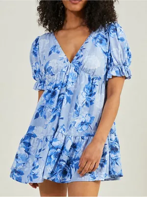 NWT Altar'd State Evie Blue Floral Tiered Babydoll Mini Dress thumbnail 1