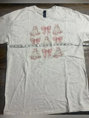 Gildan Ash Gray Tee with Pink Ghost & Bow Print thumbnail 6