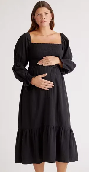 Quince 100% Organic Cotton Gauze Maternity Smocked Midi Dress Black Large thumbnail 1