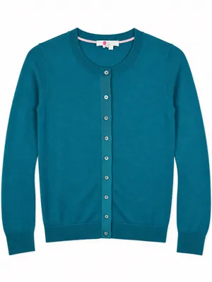 Boden Teal Ribbed Crew Neck Cardigan Classic Preppy Cotton Long Sleeve Size S thumbnail 4