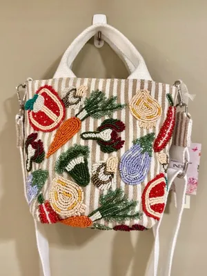 New Release! Beaded Striped “Vegetable" Tote Bag with Adjustable Detachable Strap White thumbnail 1