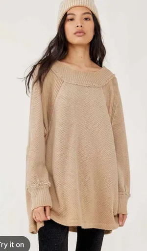Free People We The Free She's A Keeper Thermal Knit Tunic Top Winter Wheat M thumbnail 1
