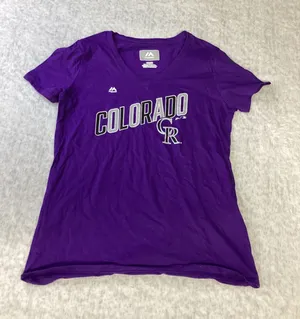 Majestic Colorado Rockies MLB Womens Purple V-Neck Glitter Graphic T-Shirt Small thumbnail 1