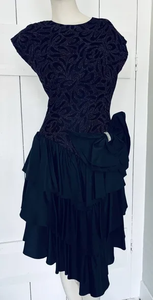 Vintage Filigree Ltd. Elegant‎ Black Sparkle Party Cocktail Dress Satin Bow Sz 8 thumbnail 1