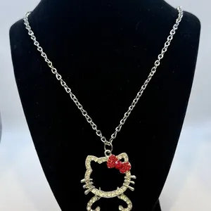Rhinestone Hello Kitty Pendant Necklace with Red Bow and Silver Chain thumbnail 1