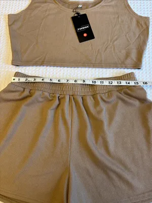 NEW Set! XL Ribbed Scoop Neck Crop Top & Elastic Waist Shorts Set Tan thumbnail 10