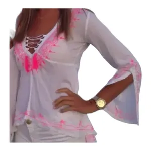 VINTAGE HAVANA WHITE AND NEON PINK EMBROIDERED GYPSY TUNIC TOP size M thumbnail 8