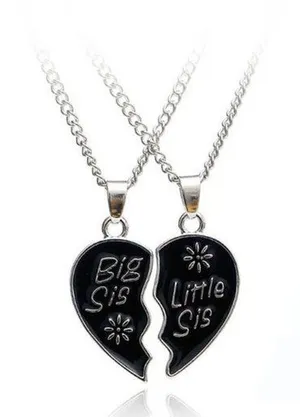 Pendant Gift Black Silver Big/Little Sis Charm Chain Necklace 10"in. thumbnail 1