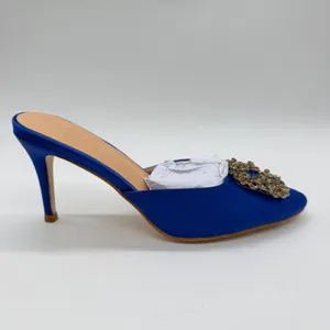 Coutgo Womens Royal Blue Satin Rhinestone Buckle Pointed Toe Mules Stiletto Sz 8 thumbnail 4