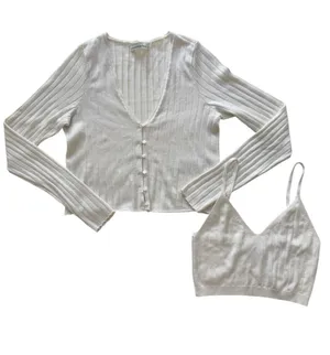 Abercrombie & Fitch Cream Ribbed Cardigan and Cropped Camisole Set Size Medium thumbnail 1