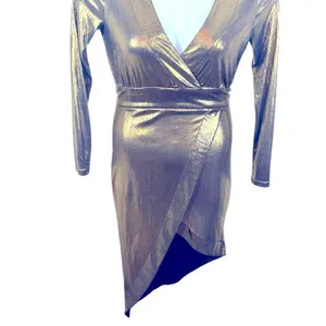 Lulu’s Metallic Gold Faux Wrap Asymmetrical Party Dress Semi Sheer Small Glam thumbnail 5