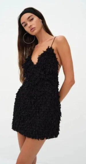For Love And Lemons Dresses | Nwt For Love & Lemons Kamara Fluffy Shaggy Black Mini Strappy Dress thumbnail 1