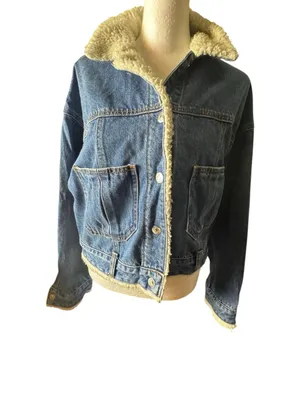 FOREVER 21 Denim Sherpa-Lined Jacket in Blue and Cream Sz S thumbnail 3