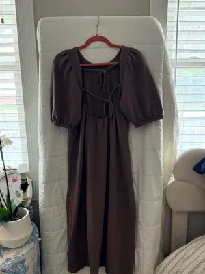 Long brown puff sleeve modest back tie dress fall style midi maxi long dress thumbnail 10