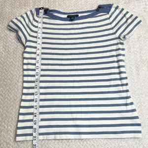 Ralph Lauren Lauren‎ Jeans Co Blue cream striped Knit Top Zip accent Sleeve Shirt women SZ S thumbnail 5