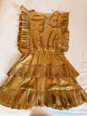 TCEC Metallic Gold Pleated Ruffle Mini Dress M Party Holiday thumbnail 4