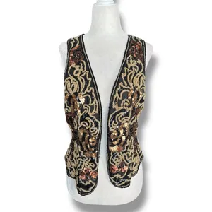 Vintage 90s‎ Black Tie Silk Beaded Metallic Sequin Open Front Vest Gold Bronze thumbnail 11