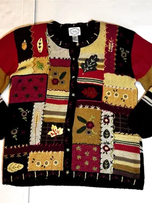Stitches Patchwork Cardigan Embroidered Floral Boho Cottagecore Knit Sweater L thumbnail 7