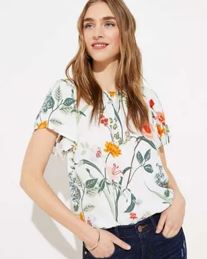 Loft Women's Size‎ Small Floral Button Back Blouse White Flutter Sleeve Flowy thumbnail 1