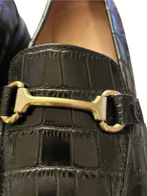 Madewell Bradley Size 7 Lugsole Loafer Croc Embossed Black Gold Horse bit thumbnail 5