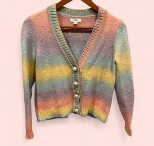 Rainbow stripe soft fuzzy wool blend chunky pearl button cardigan crop sweater thumbnail 2