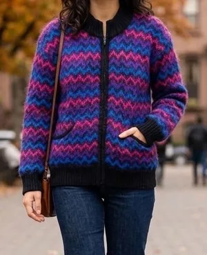 Vintage Kerri Kelsey Mohair Wool Zip Cardigan Sweater‎ Pink Purple Chevron Small thumbnail 1
