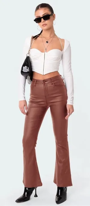 Edikted Brown Luna Faux Leather Midrise Flared Jeans Small Women thumbnail 1