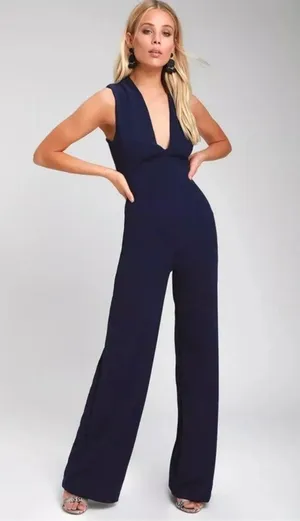 Sz S Thinking Out Loud Navy Blue Jumpsuit Criss Cross Cut Out Back thumbnail 1
