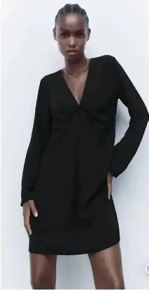 ZARA Black SHORT DRAPED DRESS Long Sleeves V-Neck Women’s Minimalist SZ S #1669 thumbnail 1