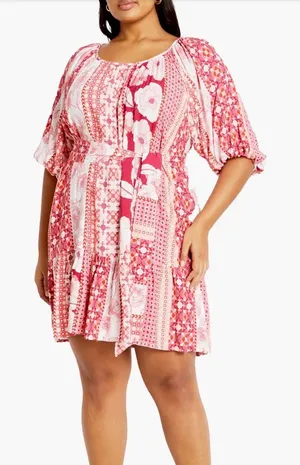 City Chic Cosmo Mini Dress Pink Floral Patchwork Puff Sleeve Plus Size XL 22 thumbnail 1
