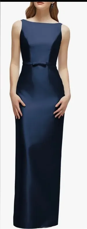 NEW Alfred Sung Strapless Bow Belt Satin Twill Column midnight blue Gown Sz 2 thumbnail 1