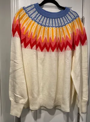 NWT French Connection Colorful Cream Fair Isle Knit Sweater Crew Neck Size XL thumbnail 1
